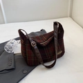 Vintage brown and green plaid wool tote bag with leather strap and fashion label - Red Grid