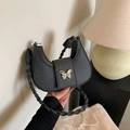 Borsa hobo nera in pelle PU con farfalla d'argento e tracolla intrecciata - Nero