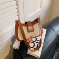 Bolso de media luna retro de tela tejida blanca con ribetes de cuero marrón y cierre - Marrón Blanco Patchwork Tejido / Blanco