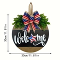Détail de la plaque de bienvenue en bois 30cm avec nœud drapeau US et mesures - Style Jour de l'Indépendance (30cm)