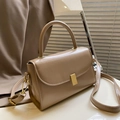 Retro khaki crossbody bag with top handle and gold metal buckle in elegant minimalist style - Khaki