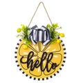 Hello Summer lemon wooden door wreath with yellow lemon motif and black hello sign - Summer Lemon Hello Door Sign