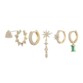 Gold star and moon tassel earring set with green gem and white crystals 6-piece pack - Star Waterdrop Tassel Green Zircon Earring