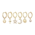 6-piece gold earring set featuring celestial stars, moon, and sun charms with zircon stones - Hollow Star Moon Zirconia Set