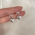 Elegant silver bow and heart pendant earrings with engraved lettering for women - Silver Bow Heart Stud Earrings