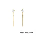 Detail of 27mm gold chain pearl earrings with minimalist drop design and metal bars - Gold Pearl Threader Earrings