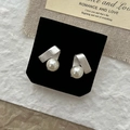 Elegant silver brushed satin metal earrings with white pearl on black velvet display - Silver Geometric Satin Style