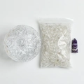 Set de purificación de cristal con cuenco de vidrio, piedras blancas y pilar de amatista - Tarro Cielo Estrellado + Cuarzo Claro + Punta de Amatista