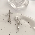 Silver asymmetrical star drop earrings with rhinestones and clear crystal pendants - Star Water Drop Stud Earrings