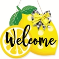 Lemon shape wooden welcome sign with buffalo plaid bow for farmhouse front door decor - Summer Lemon Wood Welcome Hanging