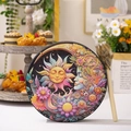 Siberian Shaman drum with sun and moon pattern and wooden mallet in home setting - Sun Flower Goddess Style