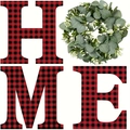HOME sign with red and black buffalo plaid letters and green eucalyptus wreath - Wooden HOME Wreath Red Plaid Set