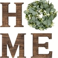 Close-up of rustic wood letters and eucalyptus wreath forming HOME wall decor - Wooden HOME Wreath Wood Grain Set