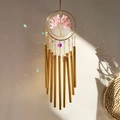 Metalen windgong met kristallen Levensboom en 9 gouden buizen als wanddecoratie - Rozenkwarts / 50cm