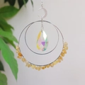 Handmade moon and sun catcher with crystal drop and raw yellow stones on silver rings - Citrine