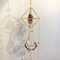 Detail of bohemian geometric amethyst suncatcher with gold octahedron and crystal beads - Colorful Fluorite