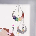 Rainbow crystal moon suncatcher with chakra stones and metal stars on white background - Crystal Prism Style (MC-S-2)