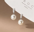 Elegant S925 silver pearl drop earrings with rectangular zircon stud in a warm setting - Pearl Stud-8mm Platinum