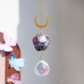 Detail of amethyst crystal suncatcher with gold crescent moon and faceted prism ball - 35cm / Deep Purple Amethyst
