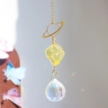 Macro detail of suncatcher featuring Saturn charm, citrine raw stone and crystal prism ball - 35cm / Citrine