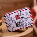 Close-up of a rectangular tin box with vintage airmail stamps and postmark design - Vintage Airmail Design