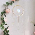 Detail of suncatcher featuring gold ring with wire-wrapped white opal and crystal beads - Opal (RC3)