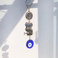 Silver owl suncatcher with evil eye glass pendant and sunflower charm for window - Owl Sunflower Style