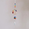 Macro view of crystal Tree of Life hanging decor with colorful stones and prism pendant - Gold Round Tree of Life (DB2)