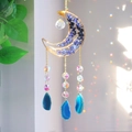 Golden moon suncatcher with blue stones, crystal beads and natural agate slice pendant - Lapis Lazuli