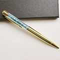 Detail of gold crystal ballpoint pen with blue stones and diamond cap jewel - Apatite / 14.5cm