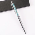 Detailed view of silver crystal ballpoint pen with sky blue crushed stones and gift box - Apatite