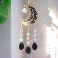 Golden moon suncatcher with black natural stones and colorful crystal prism droplets - Black Obsidian