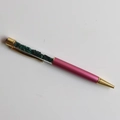Detail of metal ballpoint pen with green crystal fragments filling and rose gold finish - Malachite / 14cm Black Ink Refill