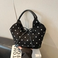 Sac hobo noir à pois blancs avec un nœud décoratif et des anses en cuir lisse - Noir