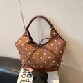 Sac fourre-tout marron à pois blancs, texture velours et poignées en cuir au ton chaud - Marron