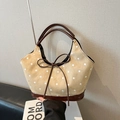 Grand sac cabas en daim beige à pois avec garniture en cuir et nœud élégant - Khaki