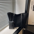 Fashionable black leopard print tote bag with small matching pouch and dual straps - Black