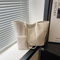Minimalist beige tote bag set with matching pouch and stylish vertical stitching - White