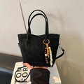 Black matte suede bucket bag with beaded charm and adjustable crossbody strap - No Pendant / Black