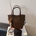 Minimalist dark brown bucket bag with beaded tassel and crossbody strap for women - No Pendant / Brown