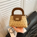 Borsa a mano in tela beige a pois con finiture in pelle marrone e tracolla regolabile - Cachi