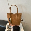 Brown frosted bucket bag with beaded charm and adjustable strap for crossbody wear - No Pendant / Brown