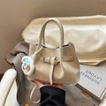 Beige faux leather handbag with silver buckle and plush charm for women fashion - No Pendant / White