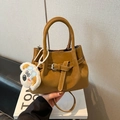 Brown faux leather handbag with belt buckle detail and plush bear charm decoration - No Pendant / Brown