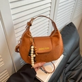 Brown suede minimalist crossbody bag with wooden bead tassel and shoulder strap detail - No Pendant / Brown