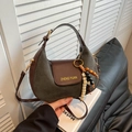 Deep green suede crescent shoulder bag with brown leather trim and beaded tassel - No Pendant / Gray