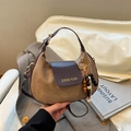 Brown suede crossbody bag with wooden beads and elegant half-moon shape design - No Pendant / Khaki