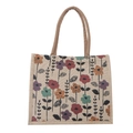 Linen tote bag with colorful floral print and brown woven handles for women - Off-White Multicolor Flower (Style 2)