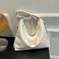 Mochila de cuero sintético blanco con bordado de mariposa rosa y cadena plateada - Blanco