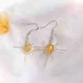 Handmade silver wire sun earrings with yellow crystal bead and simple ear hooks - Citrine